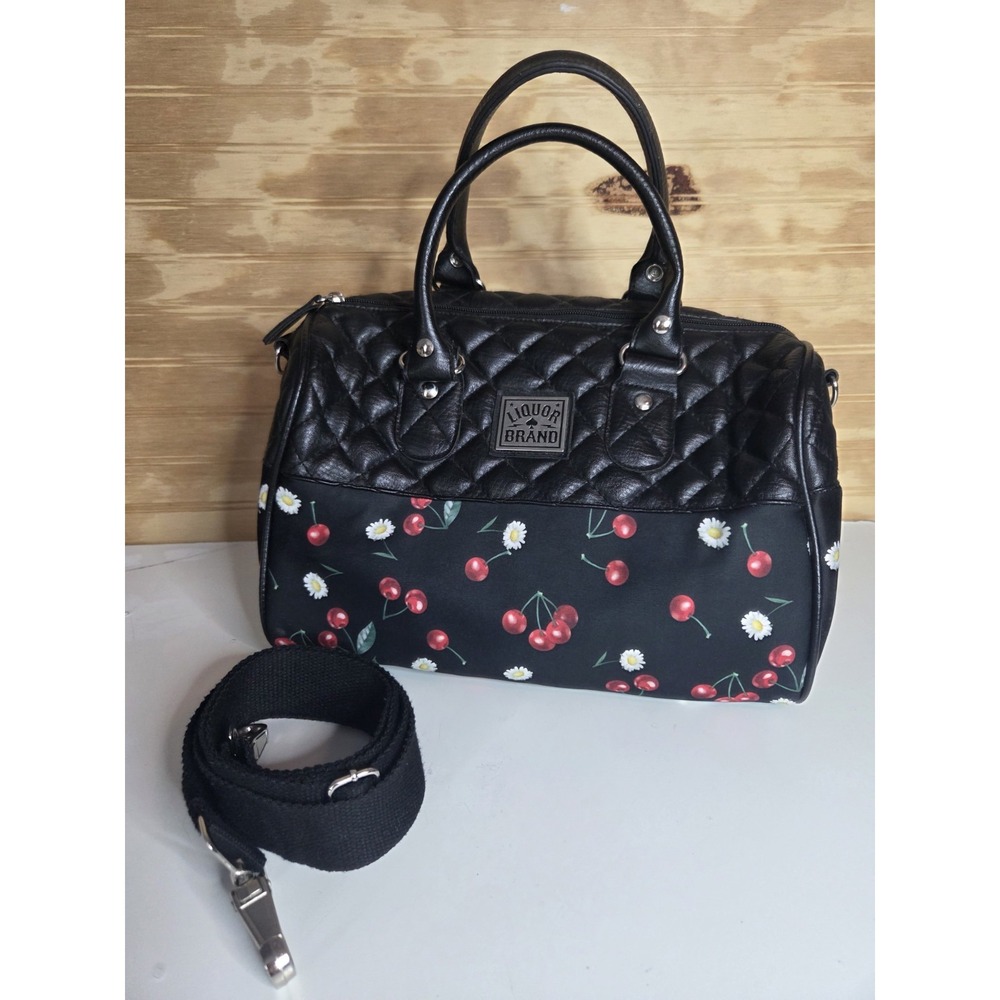 Liquorbrand Daisy Cherry Bowler Bag Quilted Satchel Duffel Shoulder‎ Strap Black